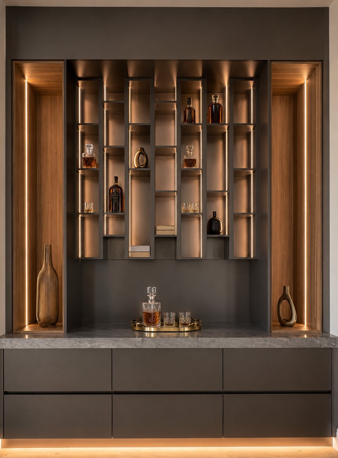 Custom illuminated home bar with shelving and drawers