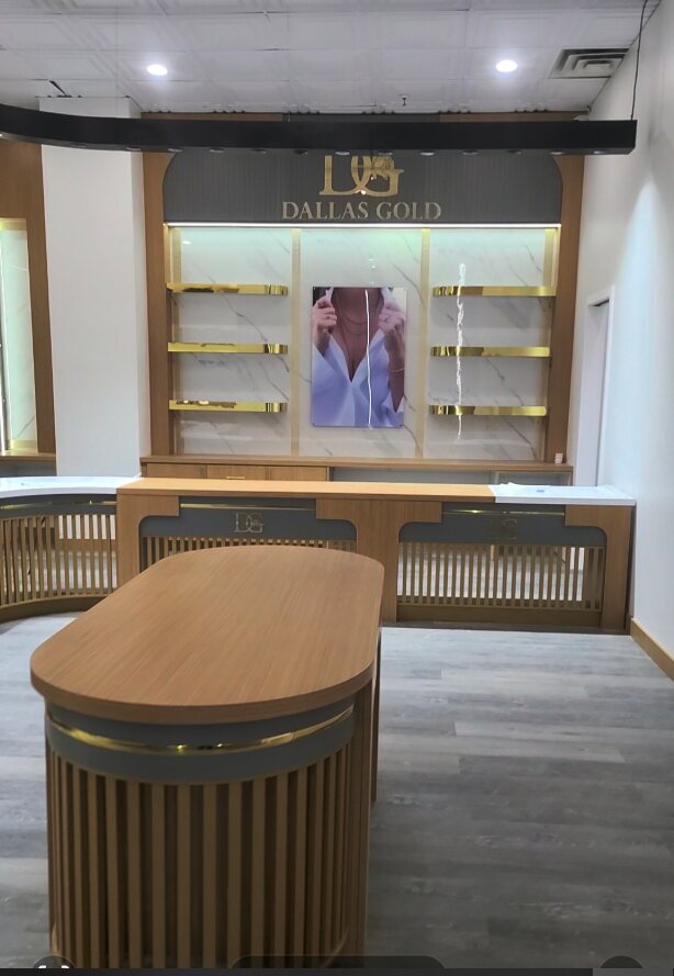 Custom jewelry store island counter and display wall by Pachy Cabinet Creation