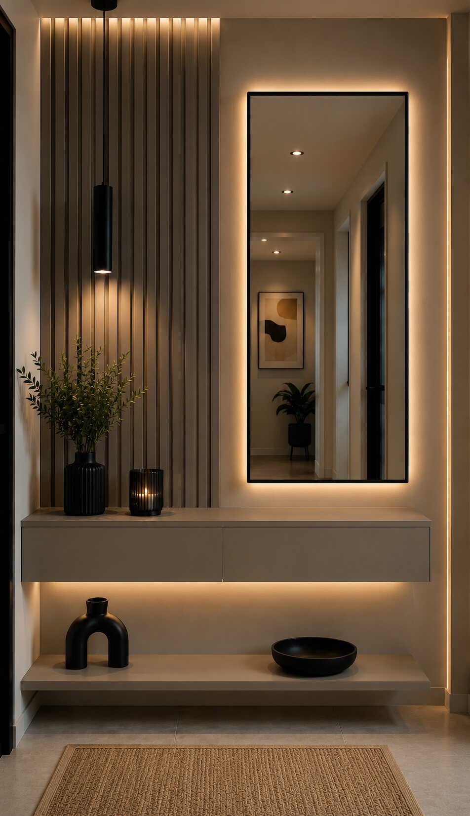 Decorative entry wall with floating cabinet mirror and integrated lighting