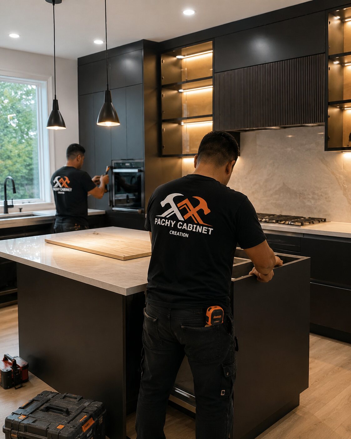 Pachy Cabinet Creation team installing custom kitchen cabinets