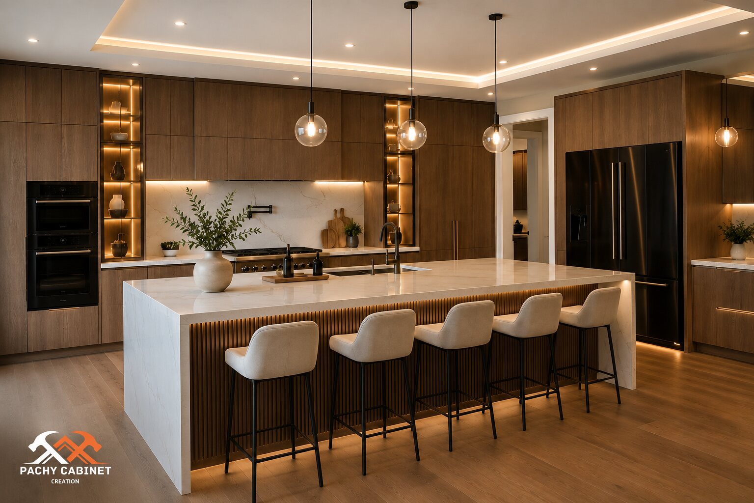 Modern walnut custom kitchen with illuminated display cabinets and large island in Dallas Fort Worth