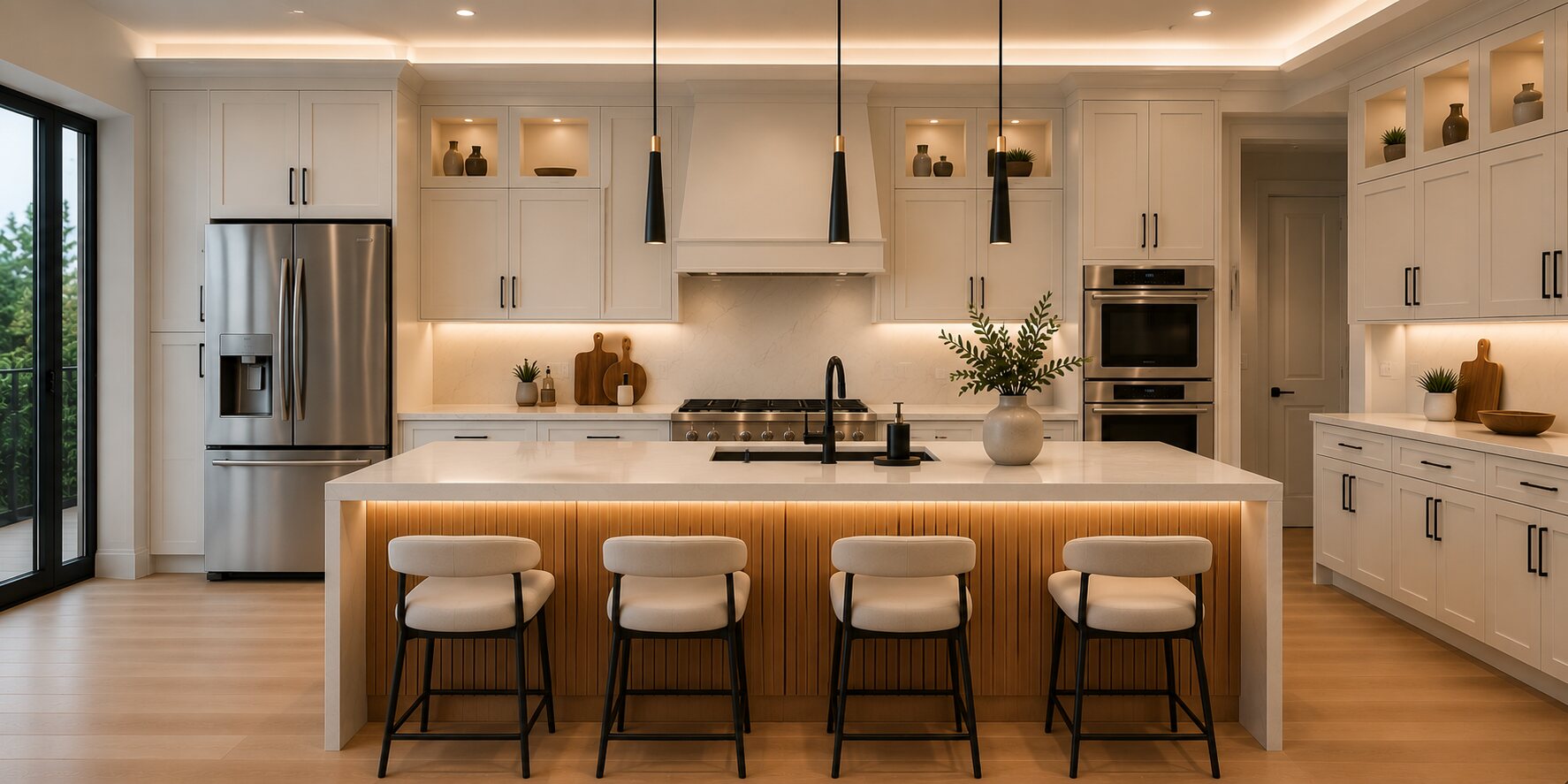 White custom kitchen with island and integrated lighting in Dallas