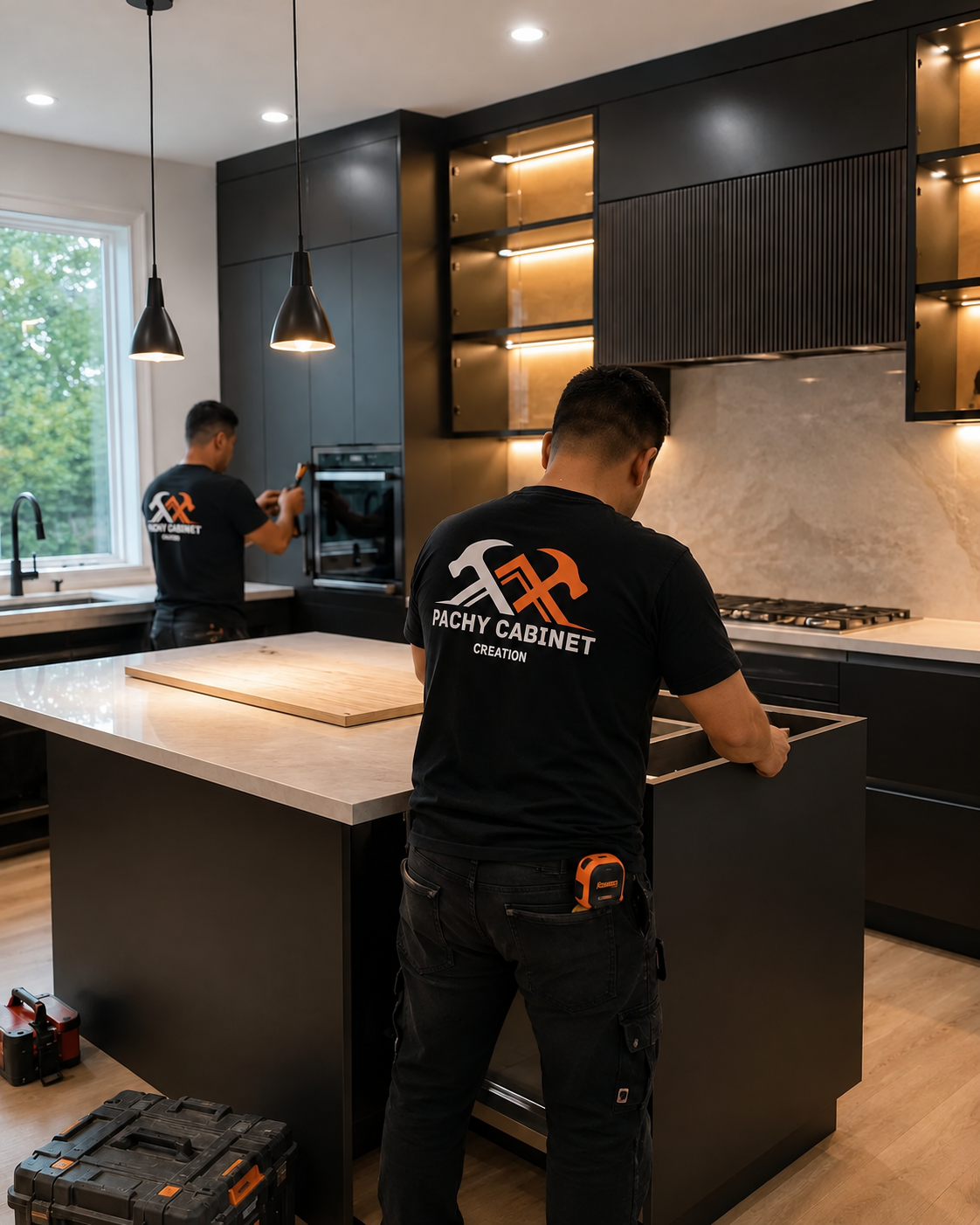 Pachy Cabinet Creation team installing custom kitchen cabinets